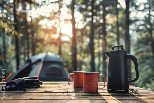Camping set for drinking tea while hiking