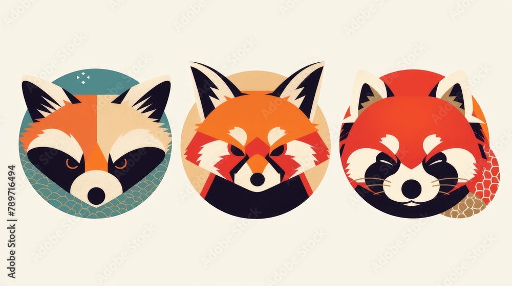 Naklejka premium Chic and minimalist animal head icons featuring a fox red panda and raccoon are elegantly stylized within circles in a modern geometric design