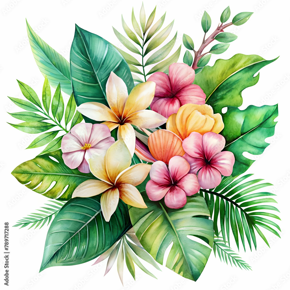 watercolor of tropical spring floral green leaves