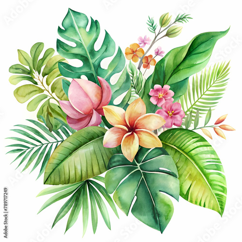 watercolor of tropical spring floral green leaves