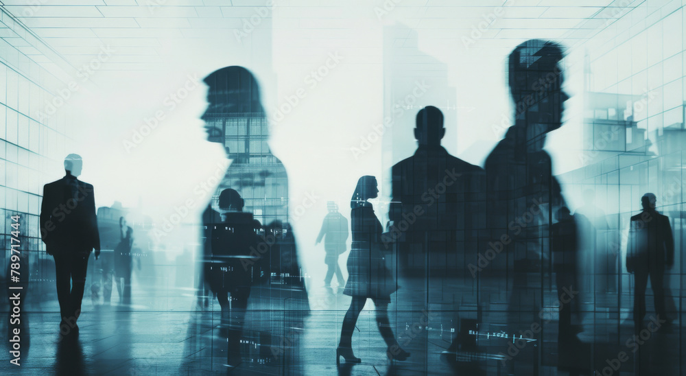 Window, business people and double exposure with walking in city for morning commute, corporate travel and journey. Building, professional employees and crowd with productivity for trip to workplace Window, business people and double exposure with walking in city for morning commute, corporate travel and journey. Building, professional employees and crowd with productivity for trip to workplace