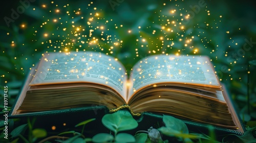 Open book with magic light bokeh on green grass background.