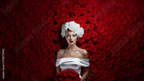 Close up portrait of a woman in white wedding dress with red roses in her hand and in the background. Concept of getting married and being a bride.