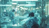 A faint outoffocus shot of a busy medical team working frantically in the background while a lone figure sits huddled in a chair separated by a glass barrier. The understated colors .