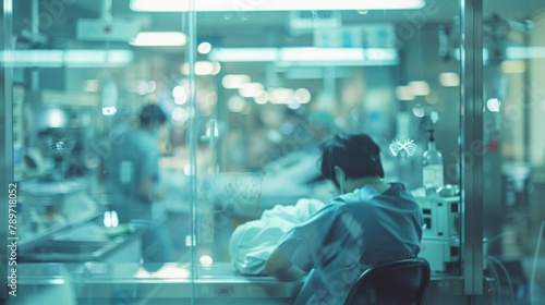A faint outoffocus shot of a busy medical team working frantically in the background while a lone figure sits huddled in a chair separated by a glass barrier. The understated colors .