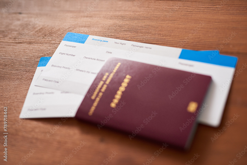 Travel, ticket and passport in house for adventure, journey or immigration on brown background. Flight, identity and visa for opportunity, vacation and boarding pass documents for airport compliance Travel, ticket and passport in house for adventure, journey or immigration on brown background. Flight, identity and visa for opportunity, vacation and boarding pass documents for airport compliance