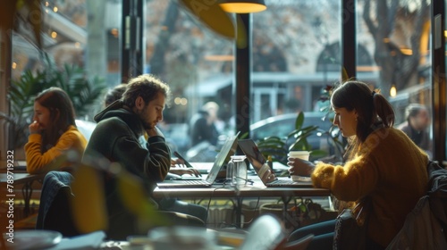 A defocused background featuring a group of writers in a cafÃ© each lost in their own world as they type away on their laptops. The gentle clinking of cups and murmurs of conversation . photo