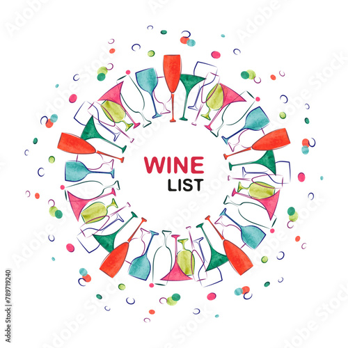 Cocktail party invitation or wine list design. Vector round frame with colorful watercolor cocktail glasses	