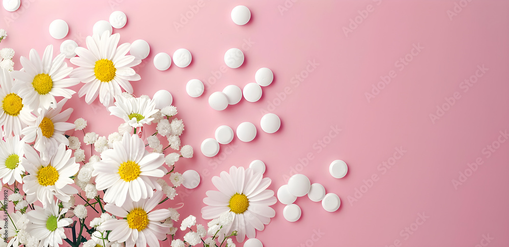 Horizontal banner with white pills, white daisies, and pink background for celebrating and honoring medical professionals and important healthcare events.
