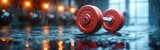 Red Barbell Dumbbell Weights on Gym Floor for Fitness, Strength Training, and Bodybuilding Closeup Background