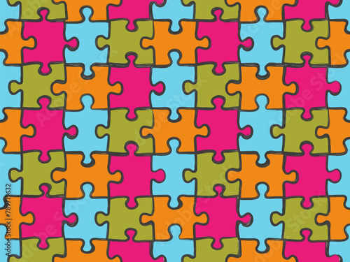 Hand drawn colorful puzzle pattern. Jigsaw pieces vector  seamless background