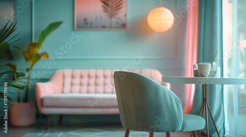White  grey and green chair at round table under pastel lamps in modern flat interior with sofa and pink armchair  realistic interior design