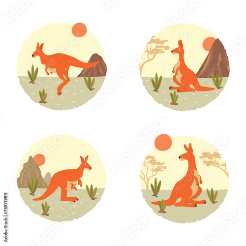 Cute kangaroo set. Australian animal and landscape collection. Vector illustration