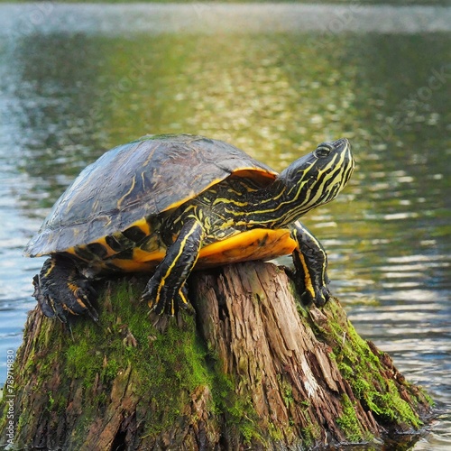 yellow bellied slider turtle resting on a cypress tree stump at Greenfield Lake in Wilmington North Carolina