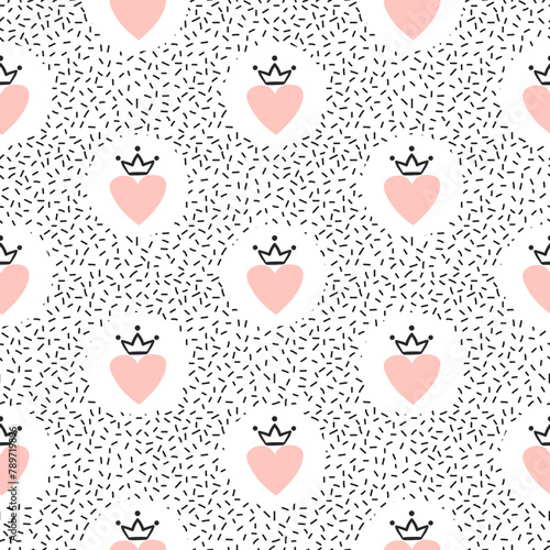 Seamless princess pattern with pink hearts and crowns. Vector illustration. Nursery design
