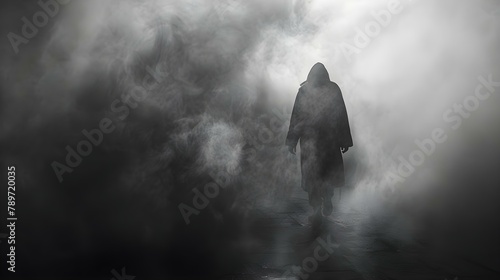Shrouded Figure Emerges from Mist. Concept Mysterious Figure, Emerging from Mist, Foggy Silhouette