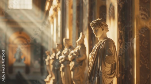 The artistic beauty of a Classical sculpture hall captured in a defocused image as light streams in from the windows and highlights the intricacies of the carvings and statues. .