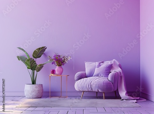 Modern purple living room interior with armchair and side table