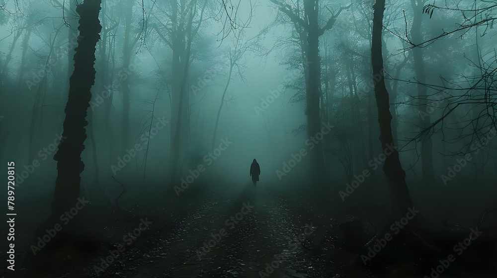 Mysterious Figure Shrouded in Misty Forest Solitude. Concept Enigmatic Figure, Misty Forest, Solitude, Mystery, Nature Photography - obrazy, fototapety, plakaty 