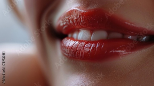 A playful smile making the lips appear plump inviting and mischievous all at once. . photo