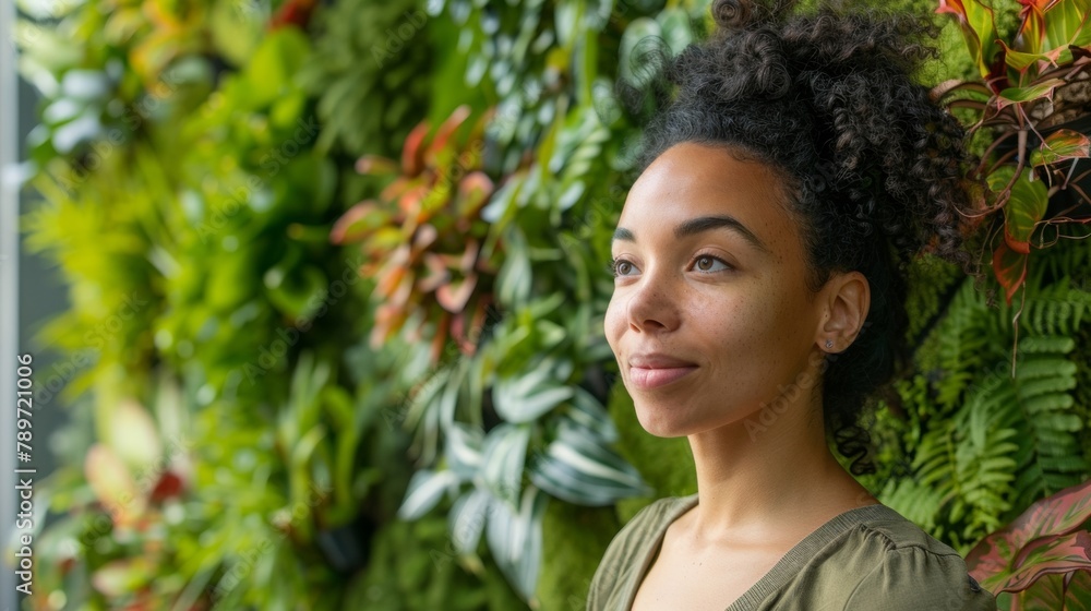 A young woman stands confidently in front of a lush wall of greenery a testament to her skillful design as a landscape architect in creating an urban oasis. The vibrant plants and . A young woman stands confidently in front of a lush wall of greenery a testament to her skillful design as a landscape architect in creating an urban oasis. The vibrant plants and .