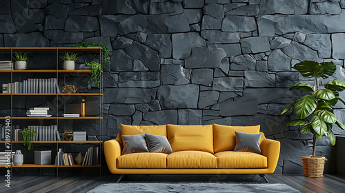 Decorative grey stone wall living room, home interior concept with yellow sofa chair and bookshelf, big green vase of plant carpet