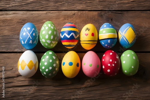 Colorful handmade painted Easter eggs on wood background