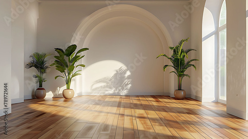 Empty room interior with arch entrance, Modern 3d living room, office or gallery with wooden floor, shadows and sun light from window on wall, vector realistic illustration