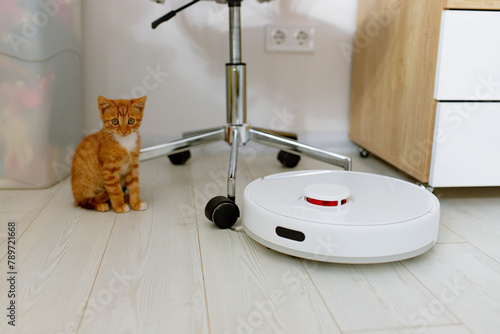 a little kitten and a robot vacuum cleaner photo