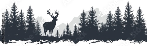 Wild Deer Silhouette in Forest: Camping Wildlife Landscape Panorama Icon Vector for Logo photo