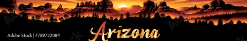 Artistic Arizona Banner with Silhouetted Mountain Landscape Against an Orange Sky