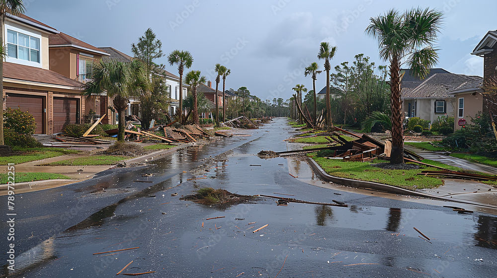 a typical Florida neighborhood aftermath damage of a tornado or cyclone, natural disaster