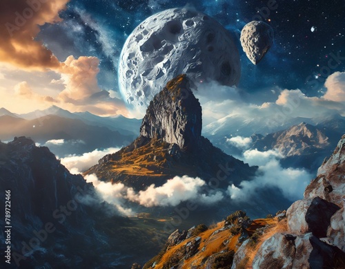 beautiful artists rendition of an asteroid floating in space, with a dark sky, towering mountains, and fluffy cumulus clouds in the background photo