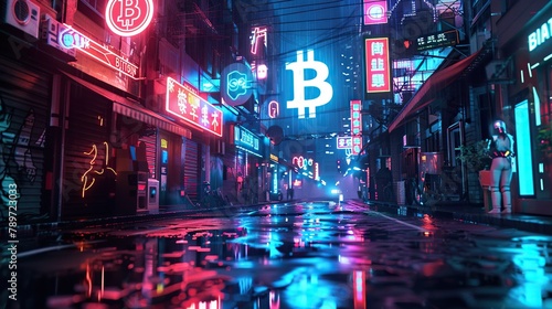 Cyberpunk metropolis pulsates with life. Bitcoin symbol shines on a neon-drenched street..