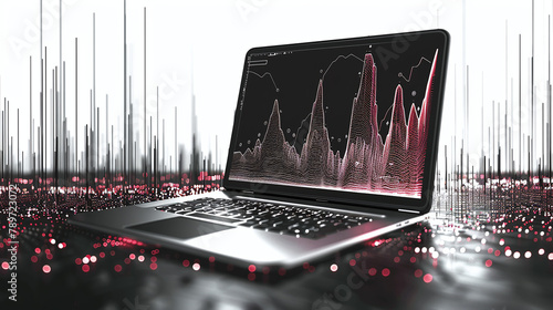 abstract illustration of wavy graphs on a laptop screen, earthquake seismograph or music, on white background photo