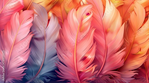 Modern illustration of gold and pink feathers with seamless pattern background.
