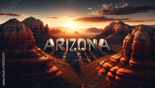 Majestic Arizona Desert Scene at Sunset with Red Rocks and Bold Typography