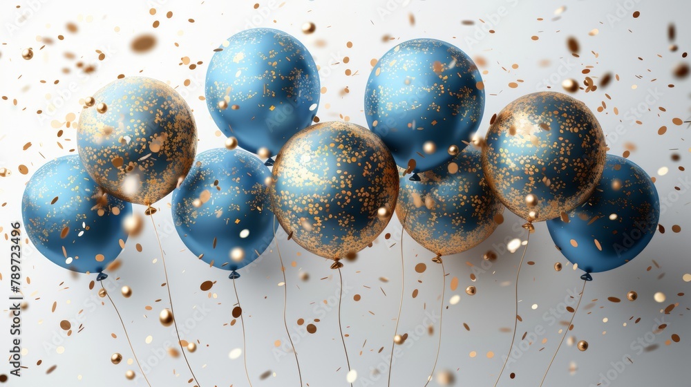 Gold and blue foil balloons with confetti. Modern illustration for anniversary, birthday, sale, promotion and party design. - obrazy, fototapety, plakaty 