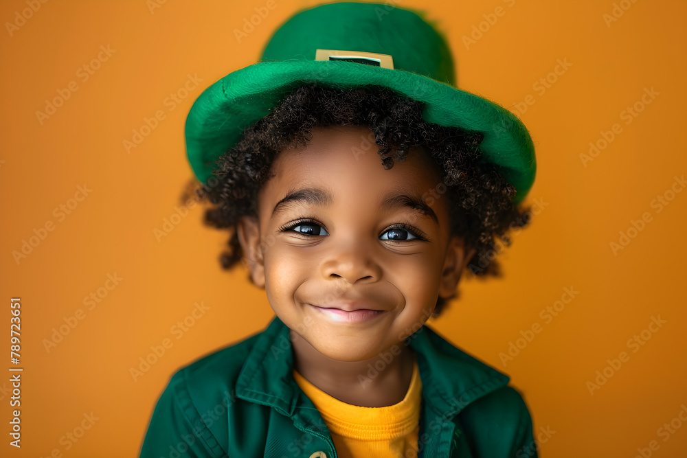 A smiling African American boy in a green leprechaun costume on an orange background. A smiling African American boy in a green leprechaun costume on an orange background.