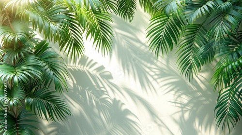The shadow of tropical coconut leaves is isolated on a white background. It resembles an exotic flora from summer. Modern illustration. © DZMITRY