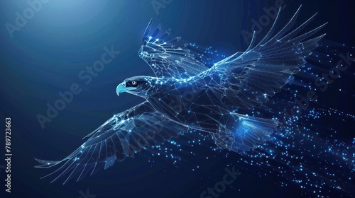 Eagle in flight from abstract polygonal points blue. Low poly eagle in motion, lines and connected to form, AI generated
