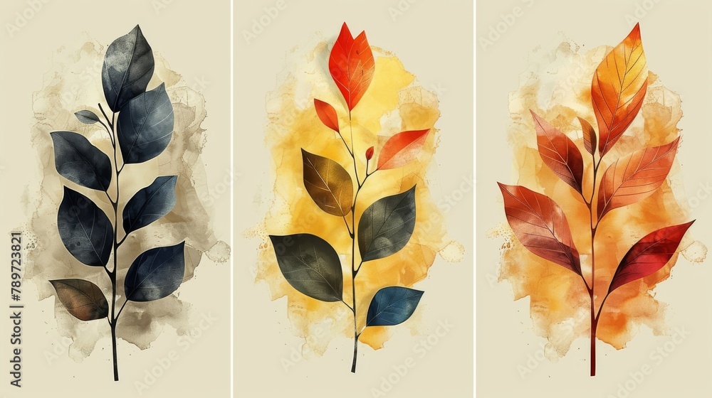 This modern set of botanical wall art represents a collection of foliage line art drawings and abstract shapes. Artwork for print, cover, wallpaper, as well as minimalism. Modern illustration. - obrazy, fototapety, plakaty 