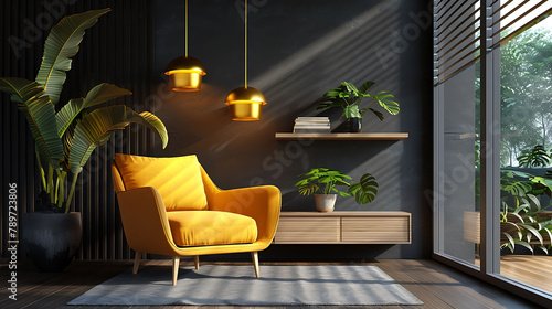 Interior design living room  Realistic wooden square table with gold lamp  Armchair yellow and black fabric  Hanging Golden Lamps  shelf on wall  Minimal composition 3d rendering  Vector illustration