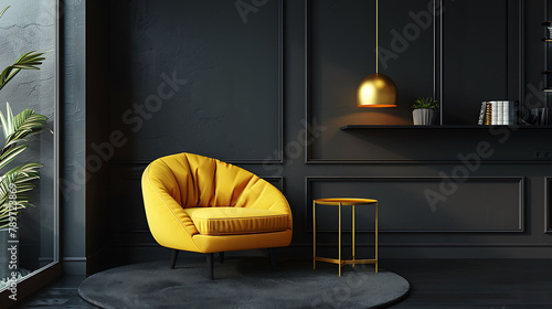 Interior design living room, Realistic wooden square table with gold lamp, Armchair yellow and black fabric, Hanging Golden Lamps, shelf on wall, Minimal composition 3d rendering, Vector illustration