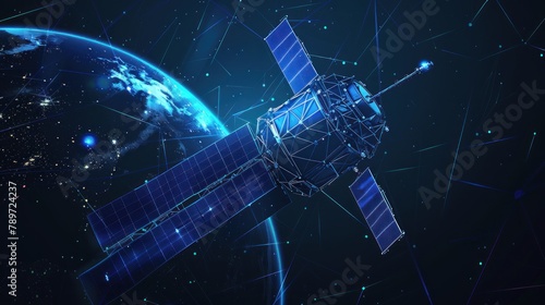 Satellite artificial is flying over the globe from futuristic polygonal blue lines and glowing stars for banner, poster, greeting card. AI generated