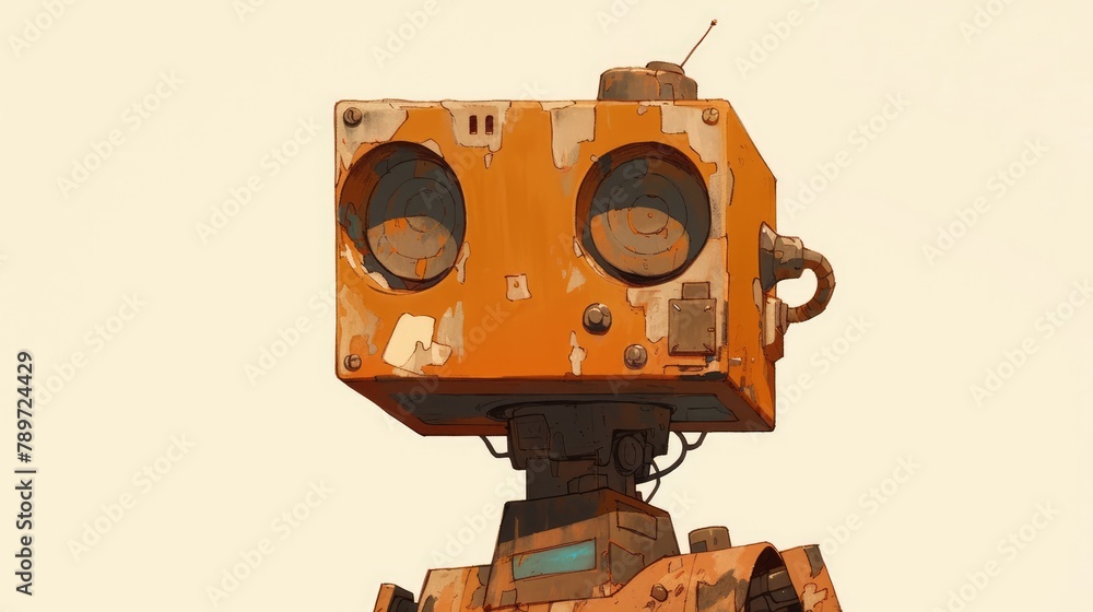 A whimsical rusty robot stands out against a crisp white background in this charming cartoon illustration A whimsical rusty robot stands out against a crisp white background in this charming cartoon illustration