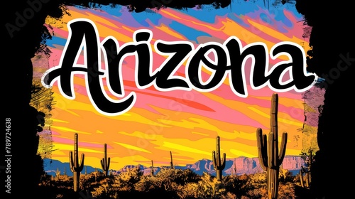 Artistic Arizona Typography on a Colorful Desert Sunset Background with Cactus Silhouettes