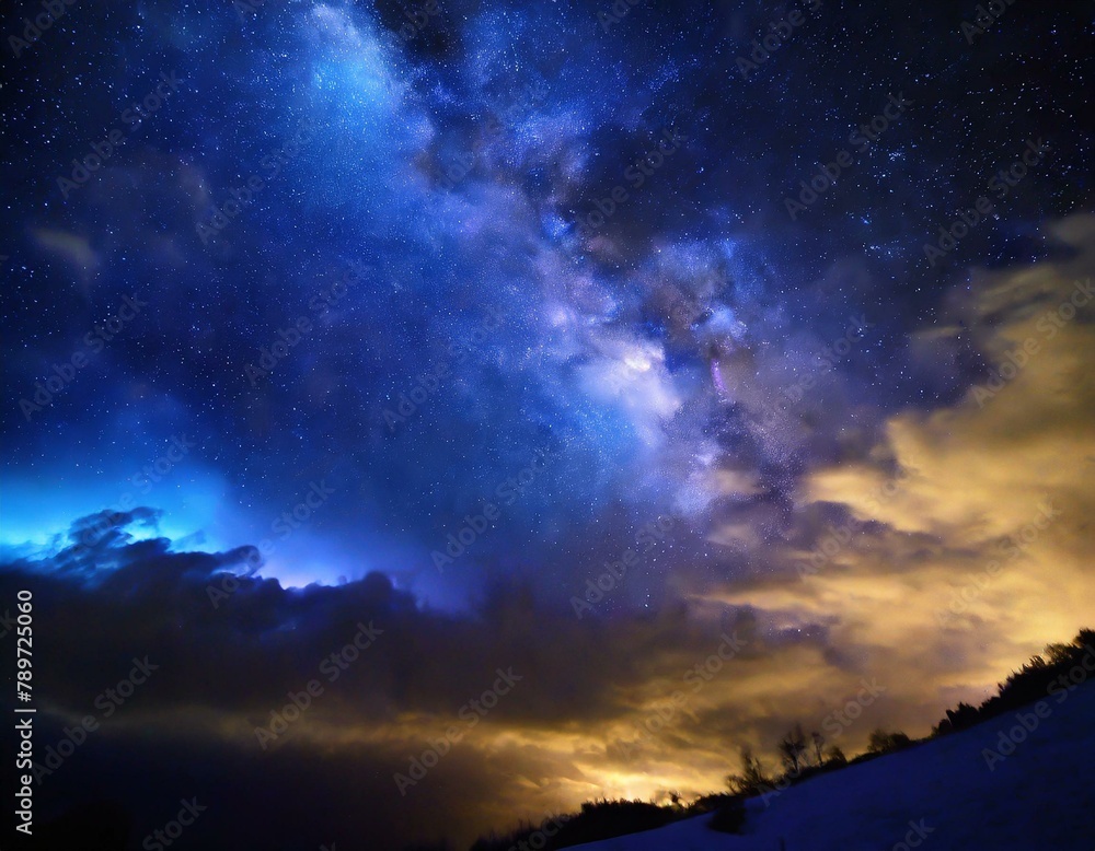 sky resembled a galaxy with numerous stars shining brightly, creating an electric blue atmosphere. Clouds formed a cumulus landscape, adding to the artistic beauty of the scene
