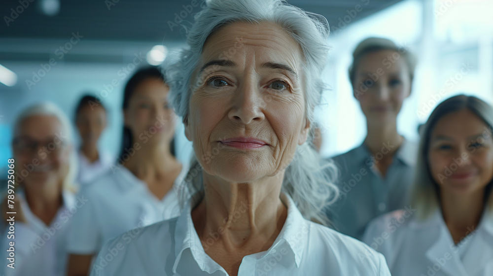 Attractive businesswoman woman posing at her work place with coworkers in the background. Generative AI Attractive businesswoman woman posing at her work place with coworkers in the background. Generative AI