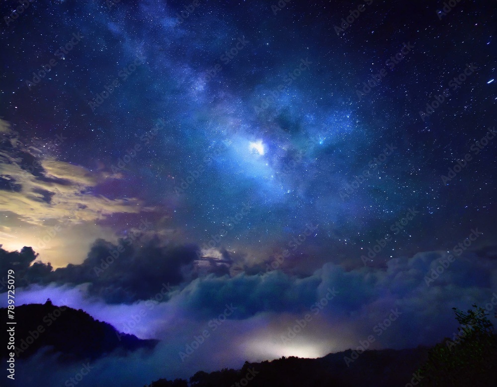 sky resembled a galaxy with numerous stars shining brightly, creating an electric blue atmosphere. Clouds formed a cumulus landscape, adding to the artistic beauty of the scene